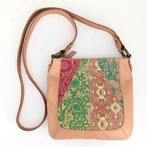 NEW Tan Leather Crossbody Bag Patchwork Printed Leather Front Boho Festival
